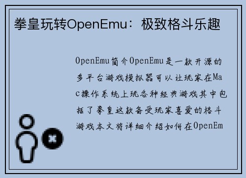 拳皇玩转OpenEmu：极致格斗乐趣